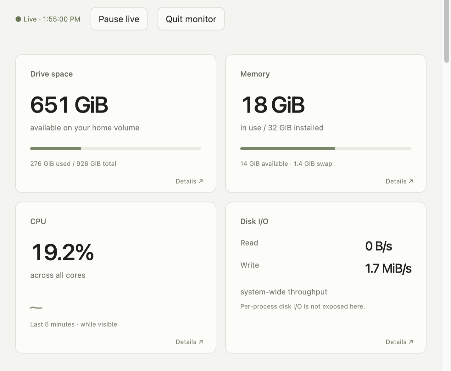 Mac Glance live overview showing free drive space, memory in use, CPU, and disk activity.