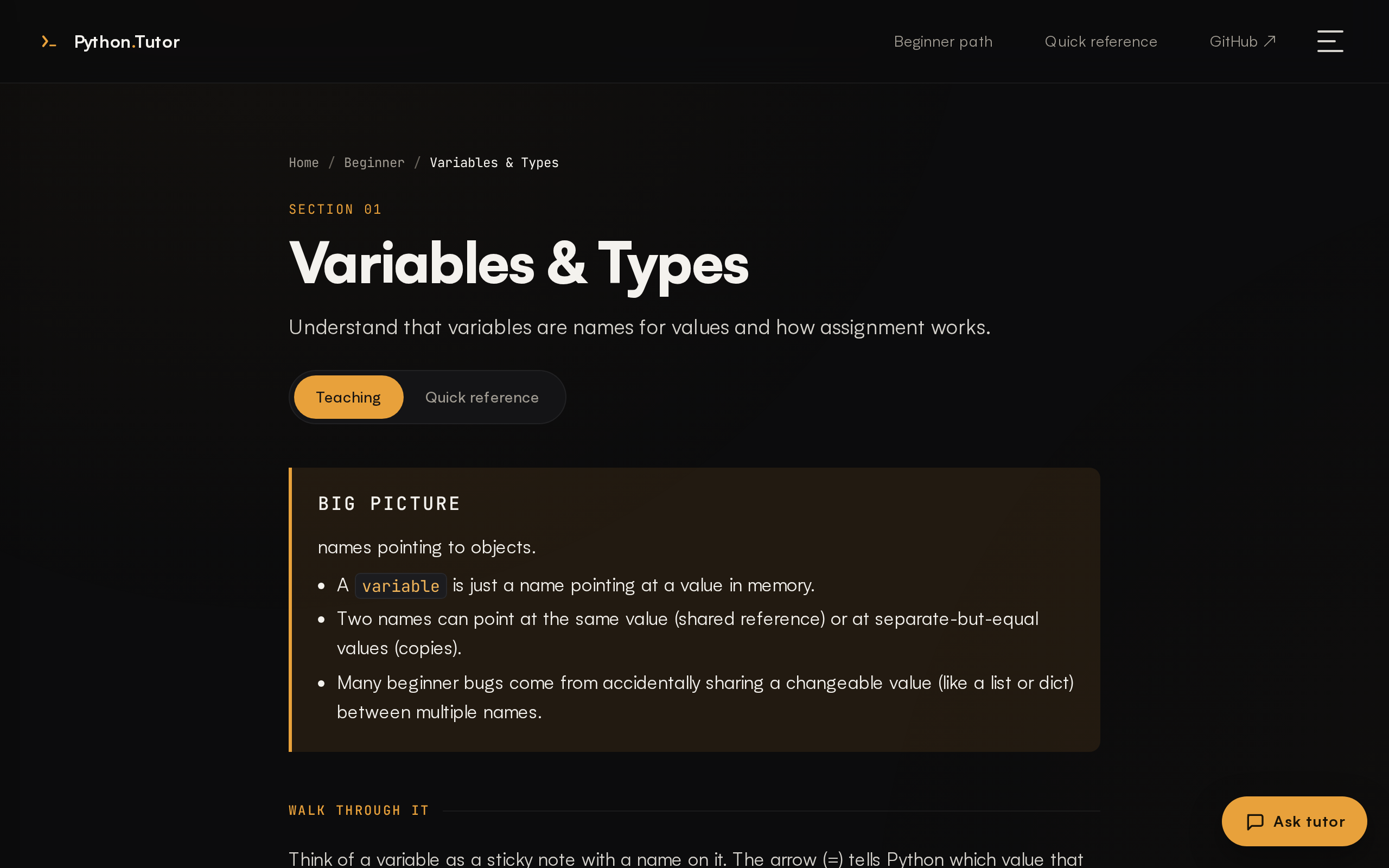 Variables & Types lesson in Teaching mode.