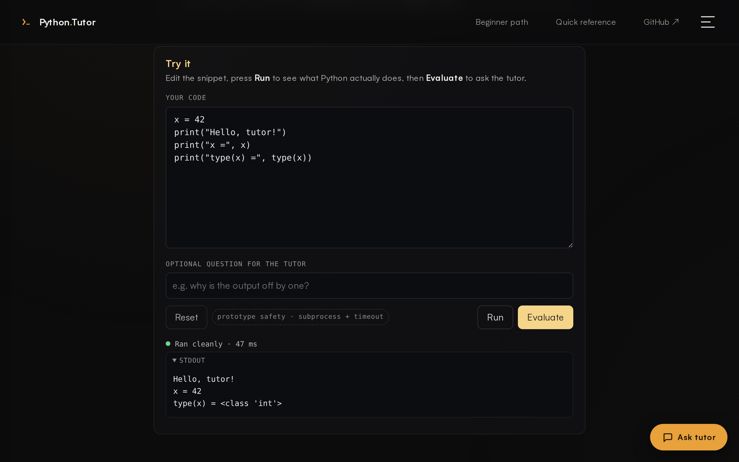 Inline code lab with a Python program and a 'Ran cleanly' output.