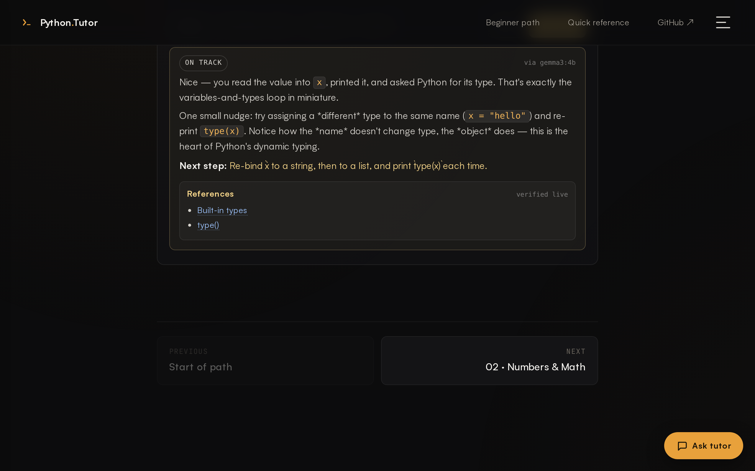 Tutor evaluation with verdict, next step, and Python docs references.