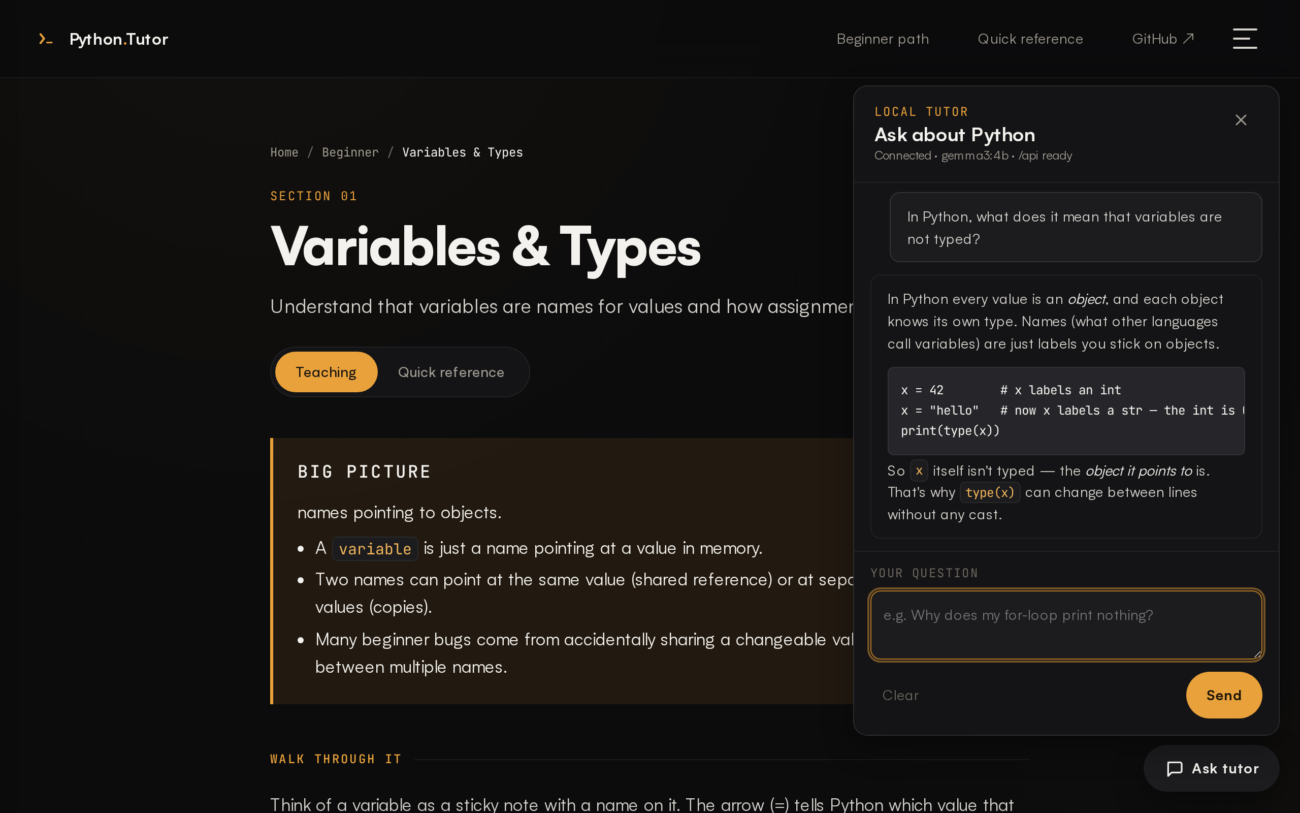 Floating chat panel mid-conversation about Python variables.